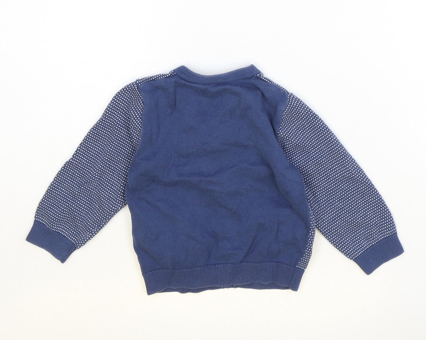 Marks and Spencer Boys Blue Geometric 100% Cotton Cardigan Jumper Size 9-12 Months Button