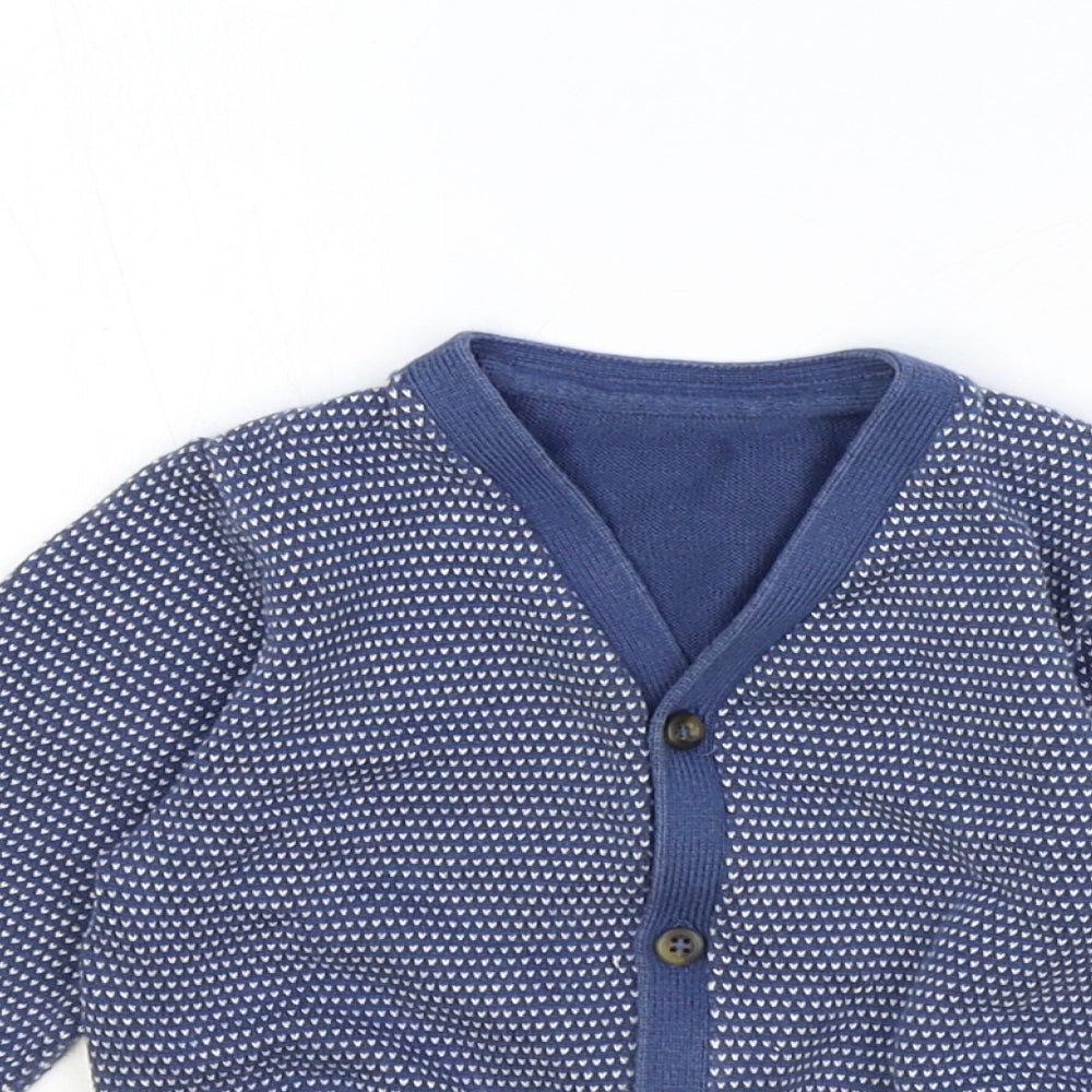 Marks and Spencer Boys Blue Geometric 100% Cotton Cardigan Jumper Size 9-12 Months Button