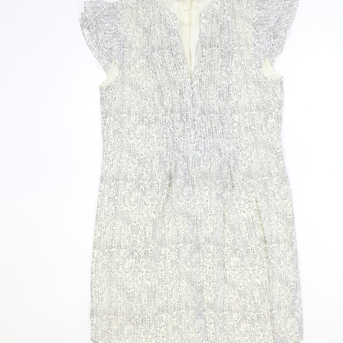 H&M Womens Ivory Geometric Polyester A-Line Size 10 V-Neck Button