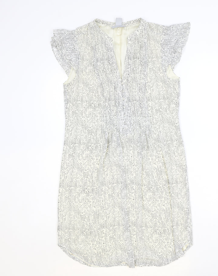 H&M Womens Ivory Geometric Polyester A-Line Size 10 V-Neck Button