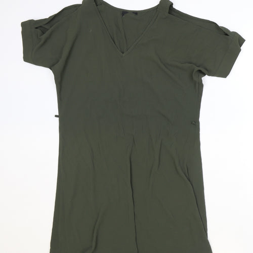 Preworn Womens Green Polyester T-Shirt Dress Size 8 V-Neck Pullover - Cold Shoulder