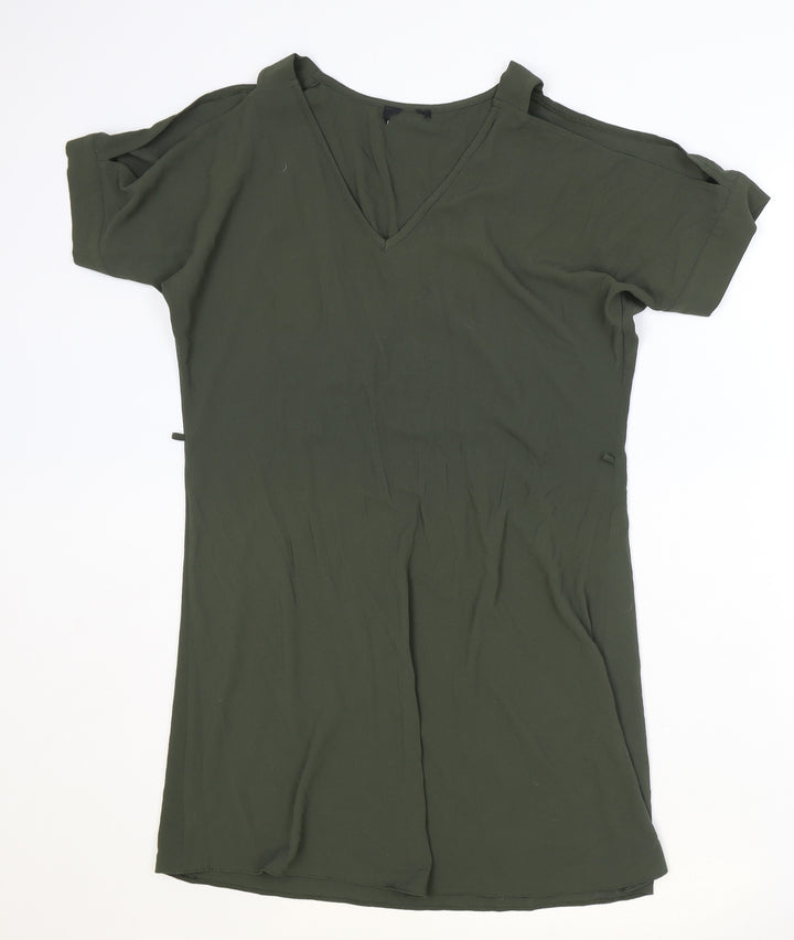 Preworn Womens Green Polyester T-Shirt Dress Size 8 V-Neck Pullover - Cold Shoulder