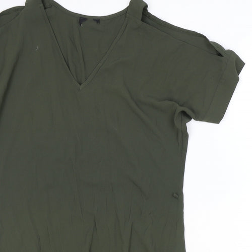 Preworn Womens Green Polyester T-Shirt Dress Size 8 V-Neck Pullover - Cold Shoulder
