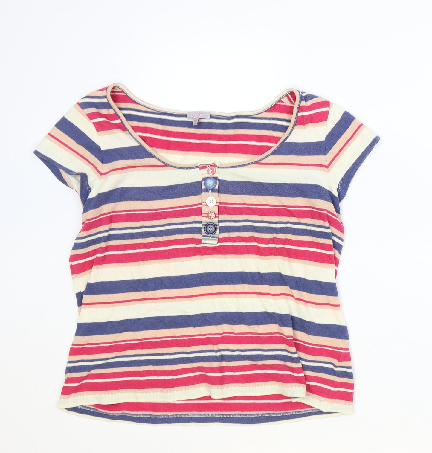 Marks and Spencer Womens Multicoloured Striped 100% Cotton Basic T-Shirt Size 16 Boat Neck