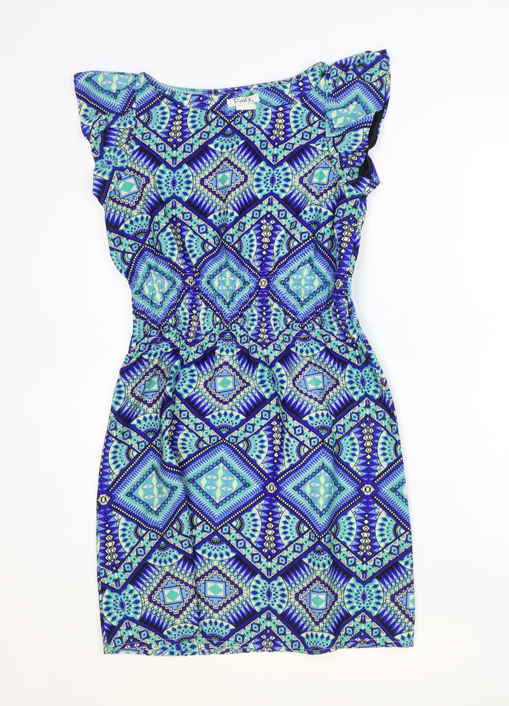 Pinky Womens Blue Geometric Polyester Pencil Dress Size S Boat Neck Pullover - Shirred Waist