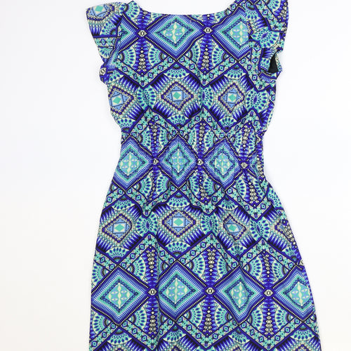 Pinky Womens Blue Geometric Polyester Pencil Dress Size S Boat Neck Pullover - Shirred Waist