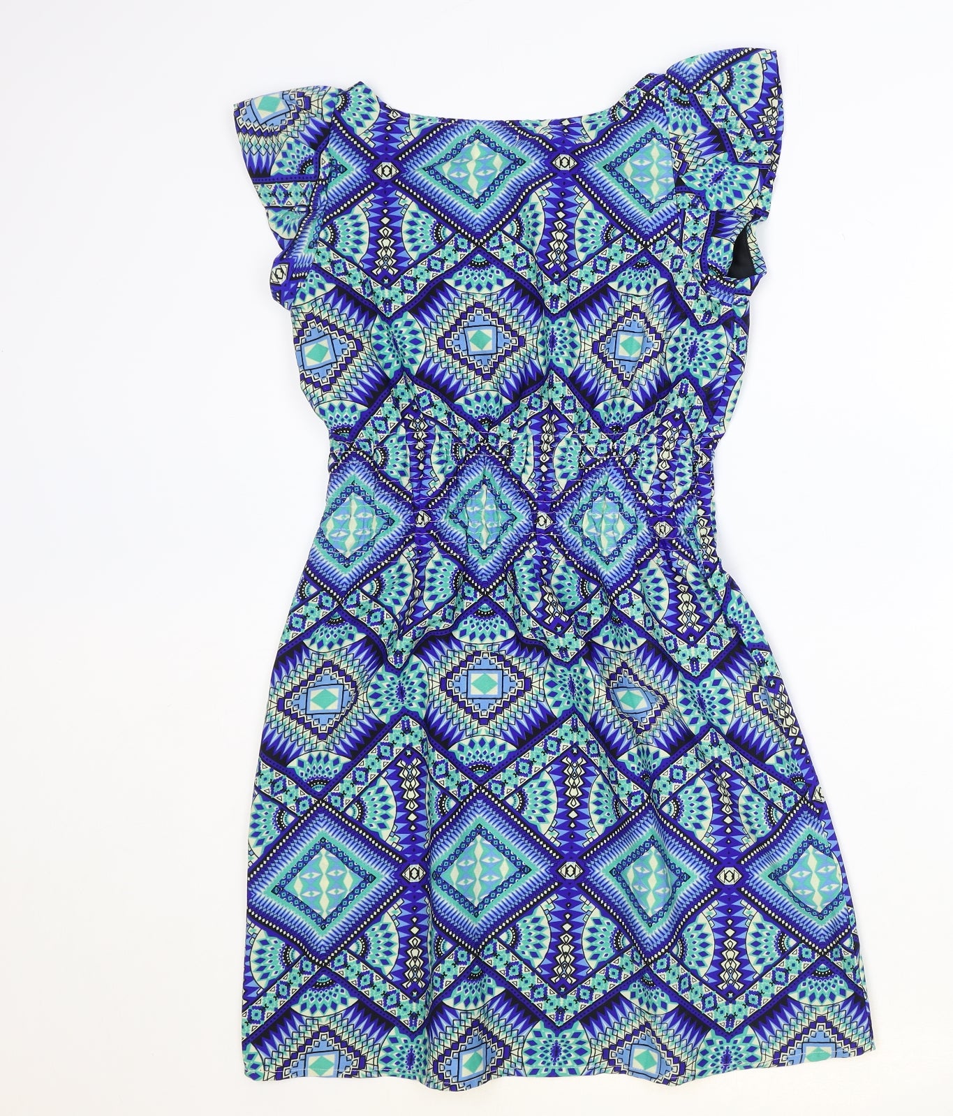 Pinky Womens Blue Geometric Polyester Pencil Dress Size S Boat Neck Pullover - Shirred Waist