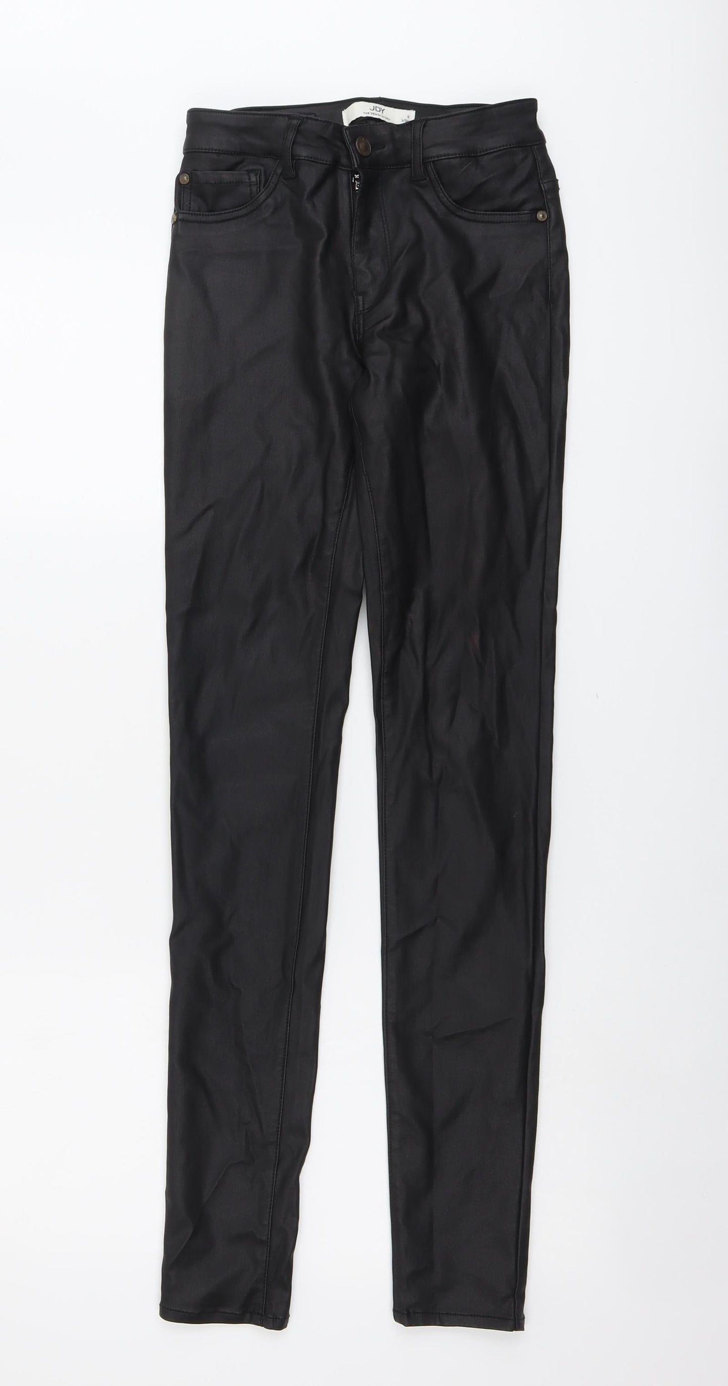 JDY Womens Black Polyester Trousers Size S L31 in Regular Button - Faux Leather Style