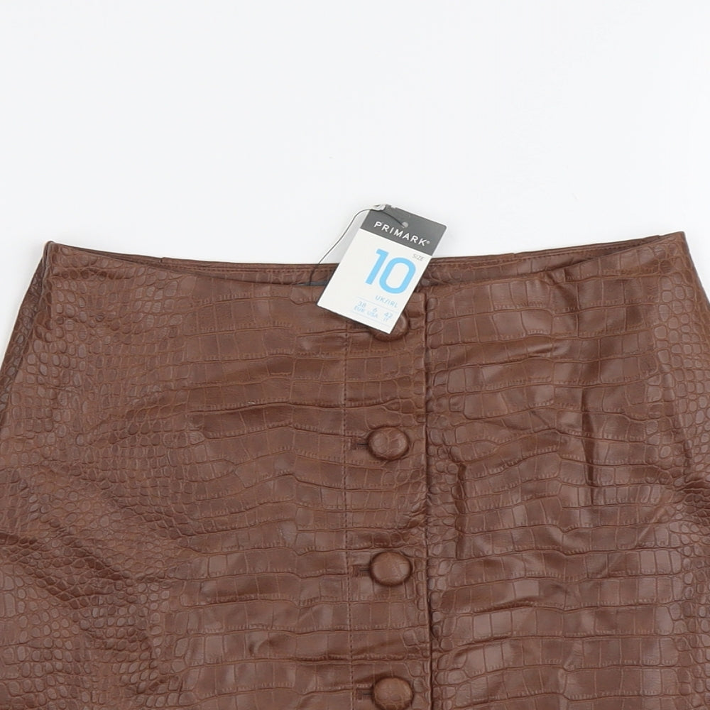 Primark Womens Brown Polyester Straight & Pencil Skirt Size 10 Button - Croc Texture
