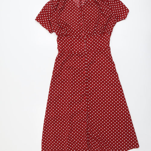 SheIn Womens Red Polka Dot Polyester A-Line Size S V-Neck Button