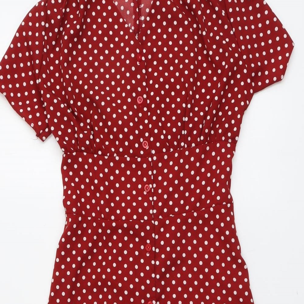 SheIn Womens Red Polka Dot Polyester A-Line Size S V-Neck Button