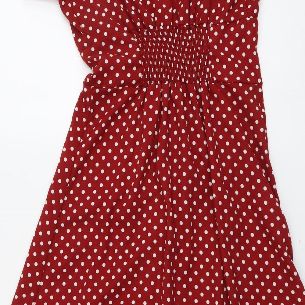 SheIn Womens Red Polka Dot Polyester A-Line Size S V-Neck Button