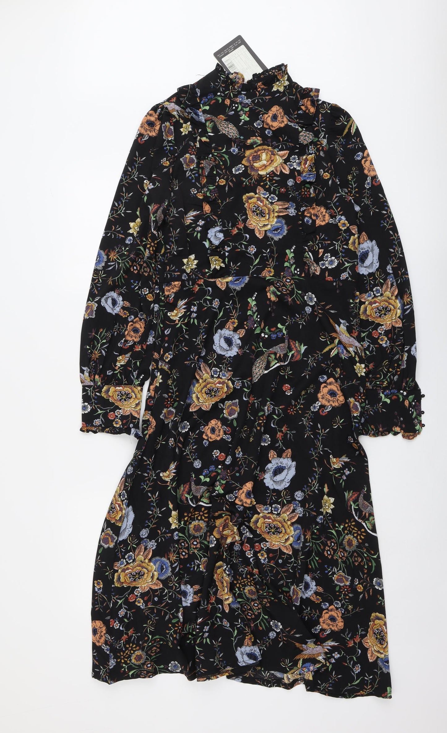 Missguided Womens Black Floral Polyester Fit & Flare Size M High Neck Zip