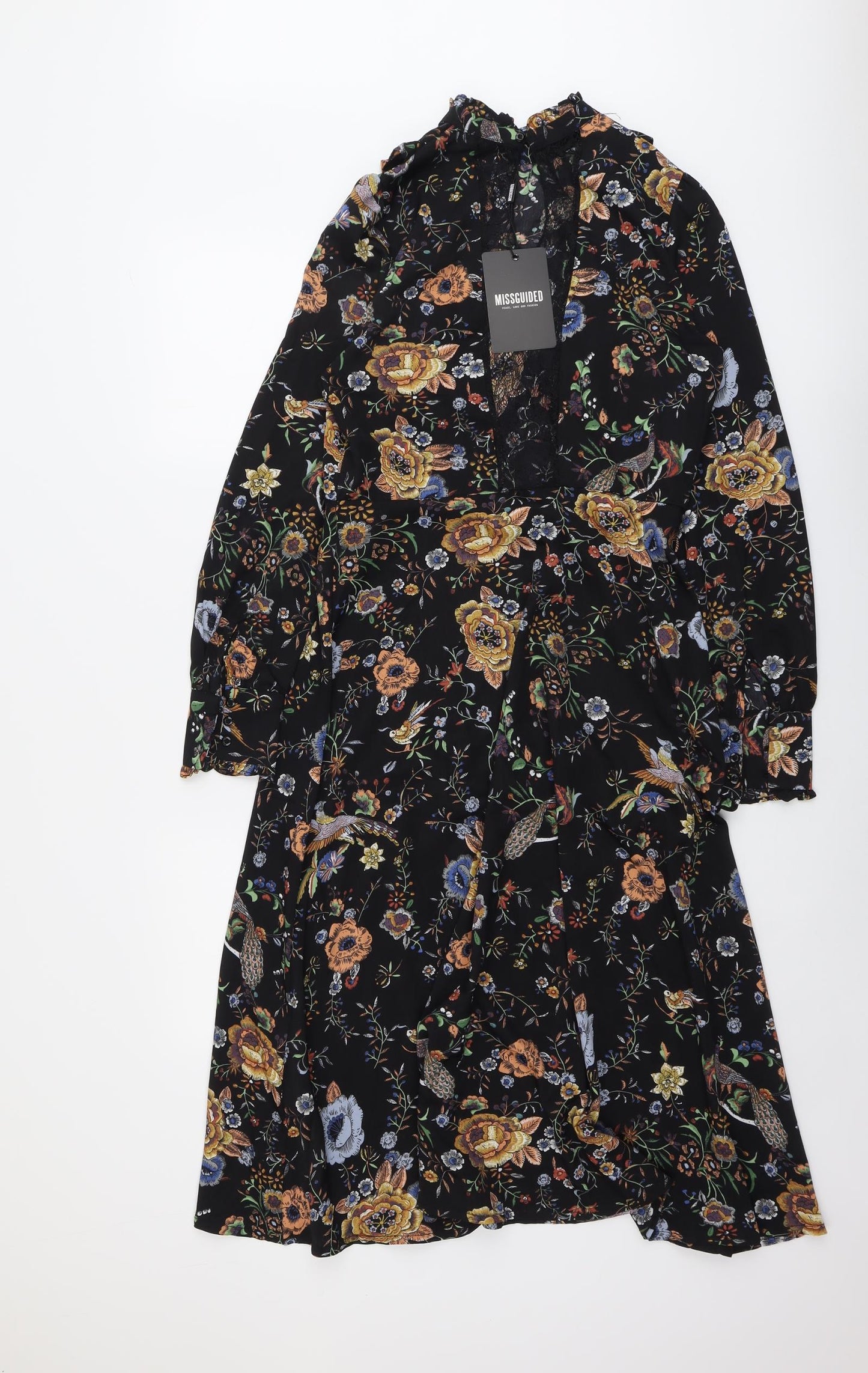 Missguided Womens Black Floral Polyester Fit & Flare Size M High Neck Zip