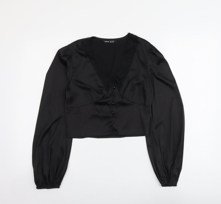 SheIn Womens Black Polyester Basic Blouse Size S V-Neck