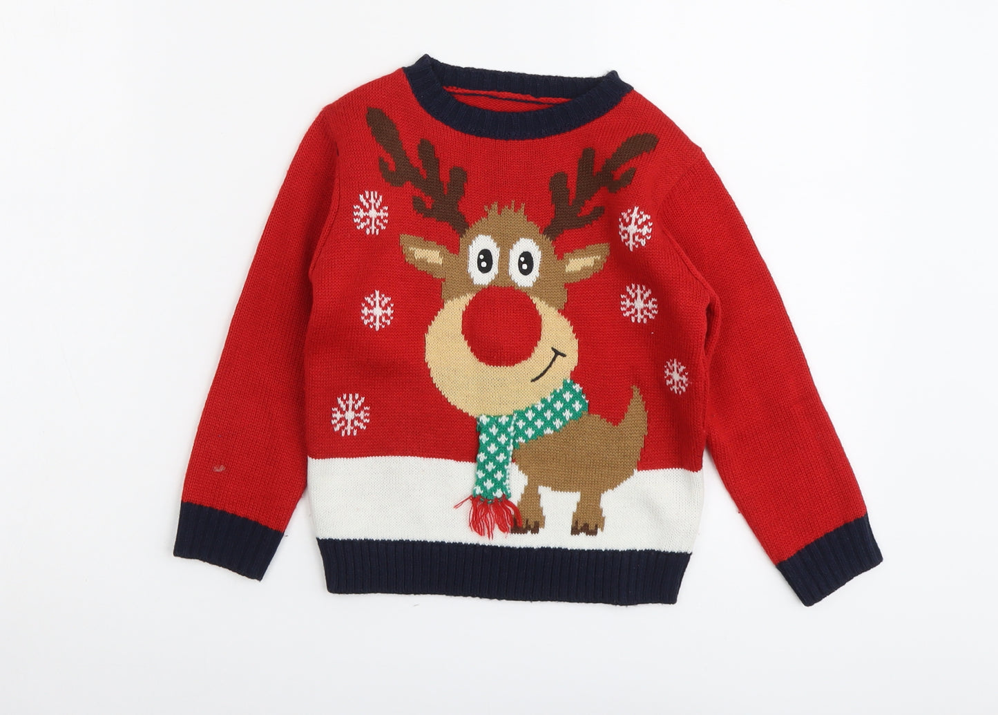 Dunnes Boys Red Round Neck Acrylic Pullover Jumper Size 3-4 Years Pullover - Reindeer Christmas