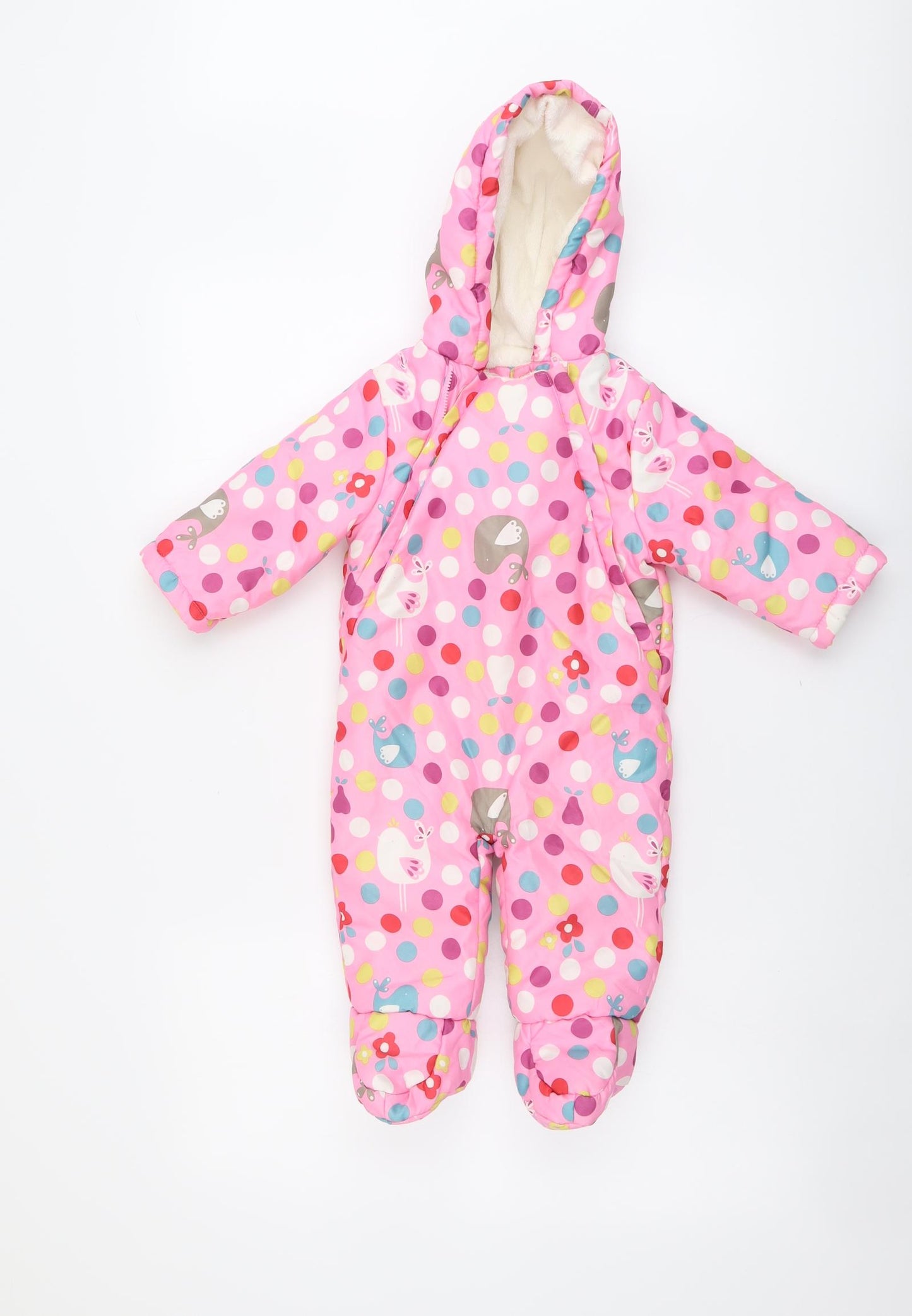 John Lewis Girls Pink Polka Dot Basic Coat Snowsuit Size 6-9 Months Zip