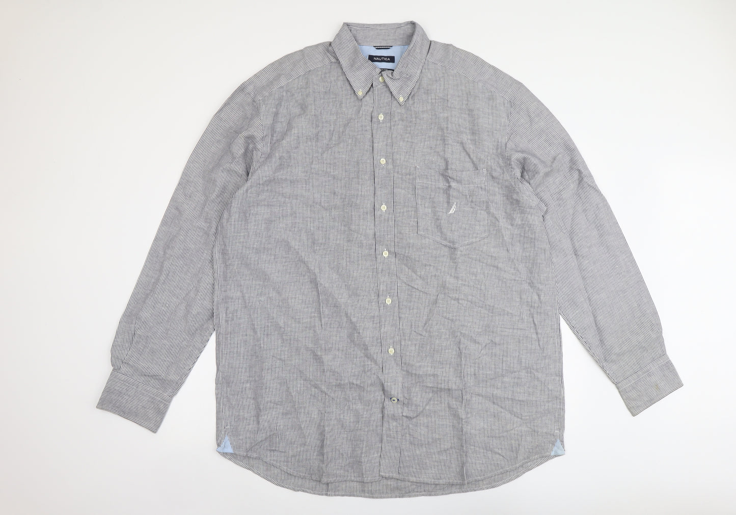 Nautica Mens Grey Striped Linen Button-Up Size XL Collared Button
