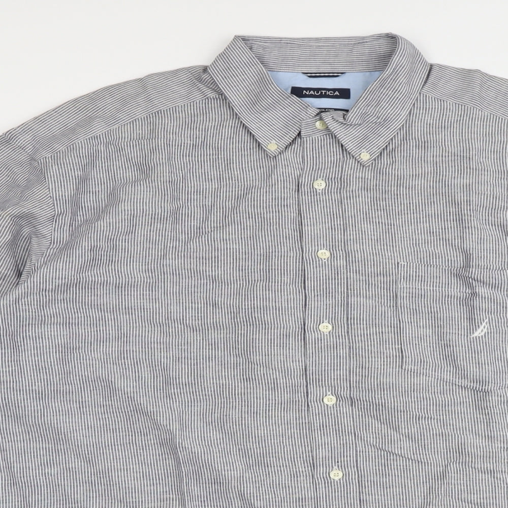 Nautica Mens Grey Striped Linen Button-Up Size XL Collared Button