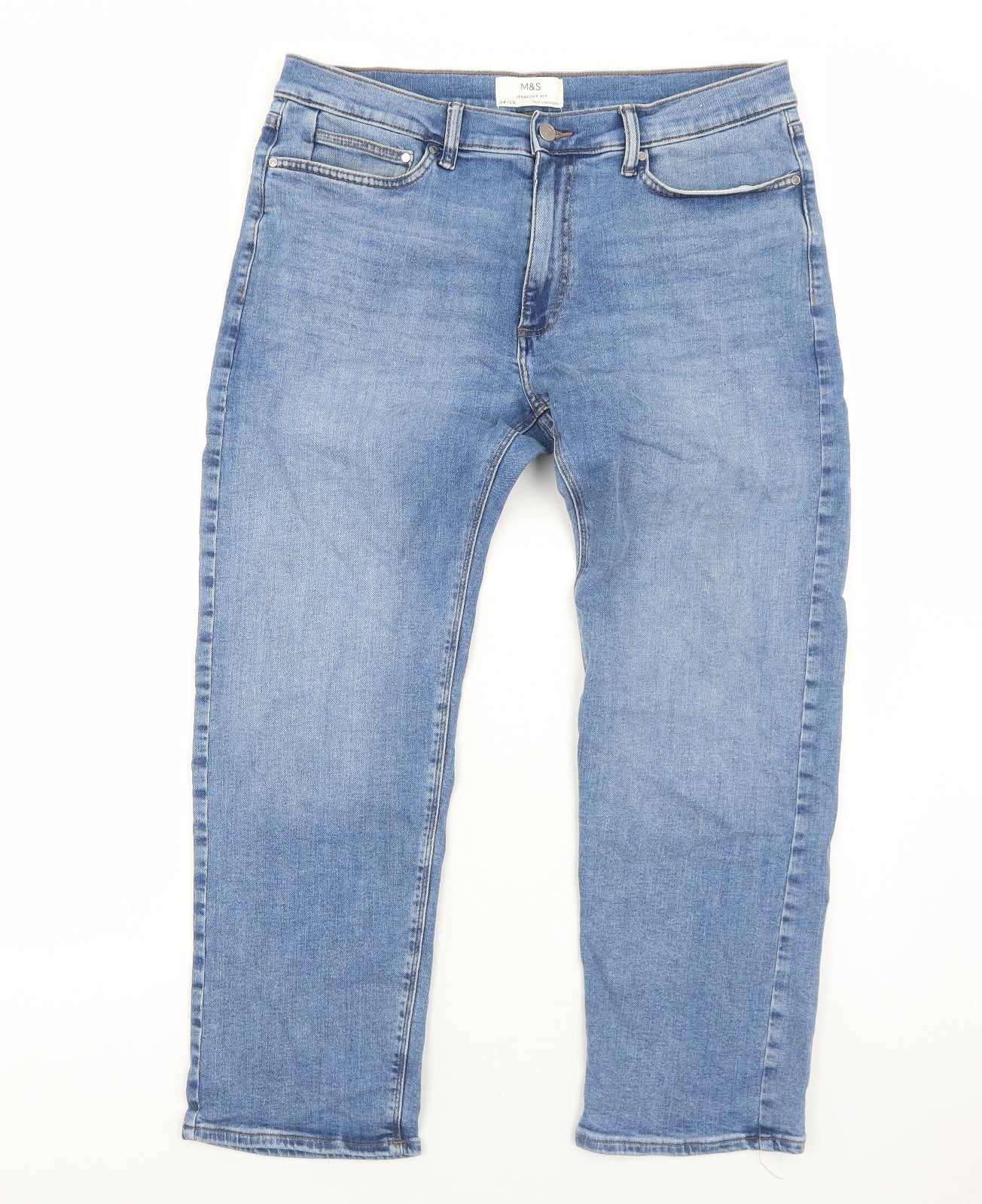 Marks and Spencer Mens Blue Cotton Straight Jeans Size 34 in L29 in Regular Zip