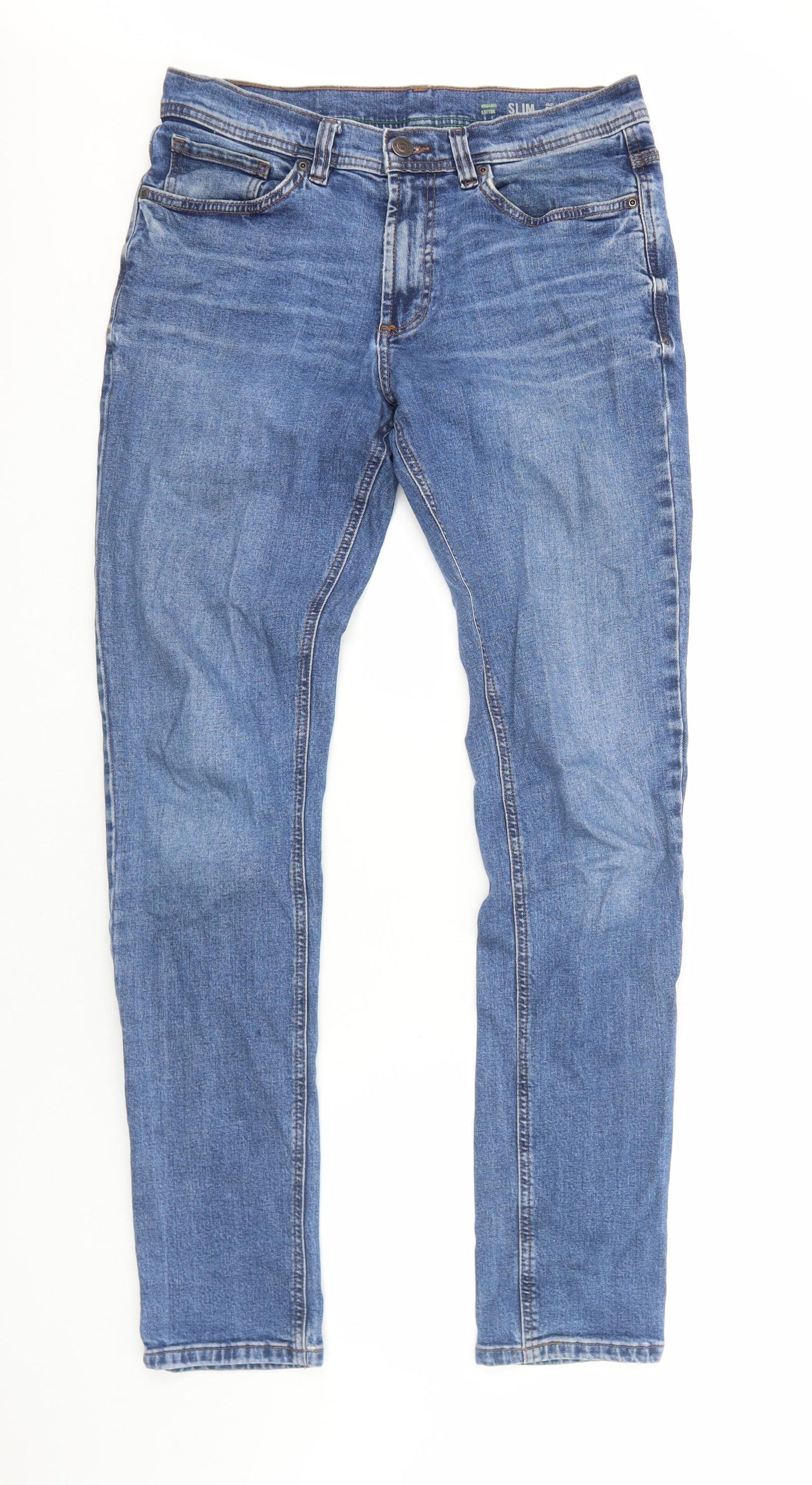 F&F Mens Blue Cotton Skinny Jeans Size M L34 in Regular Zip