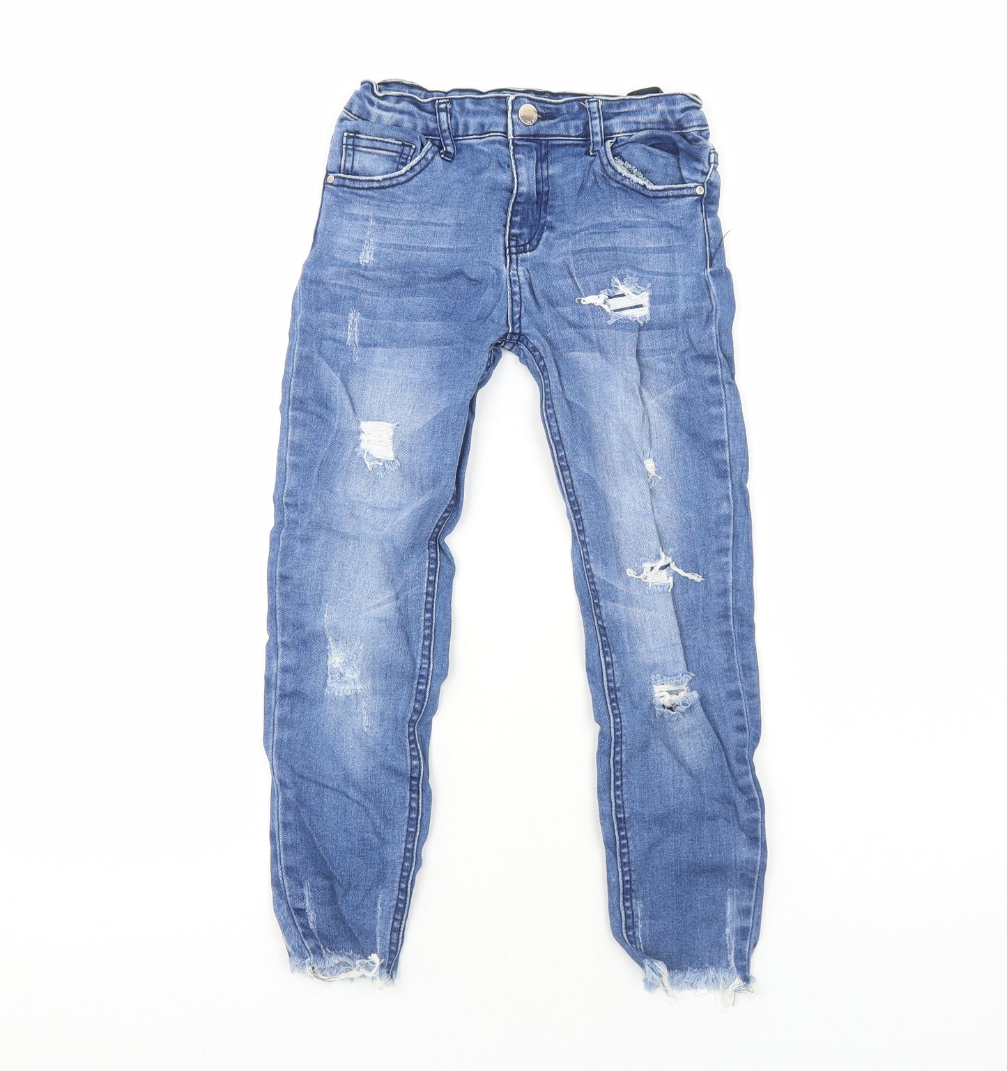 Primark Girls Blue Cotton Skinny Jeans Size 8-9 Years Regular Zip - Distressed
