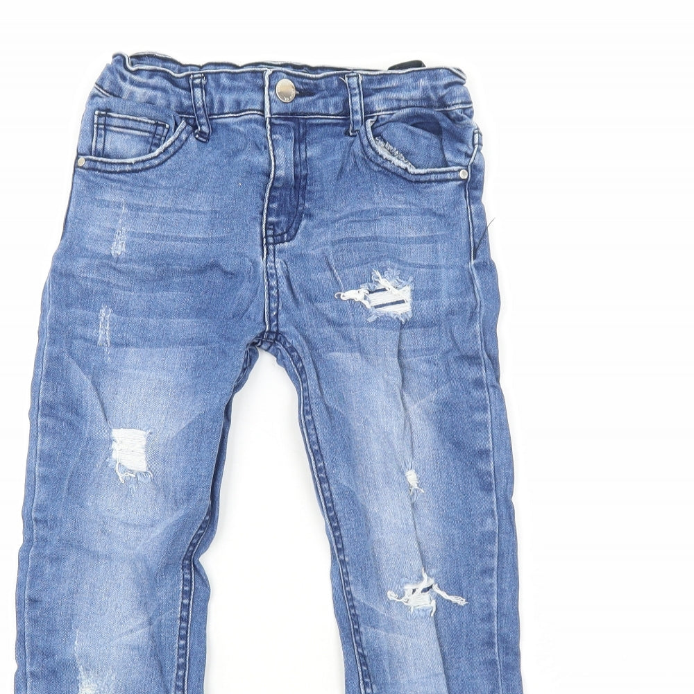 Primark Girls Blue Cotton Skinny Jeans Size 8-9 Years Regular Zip - Distressed