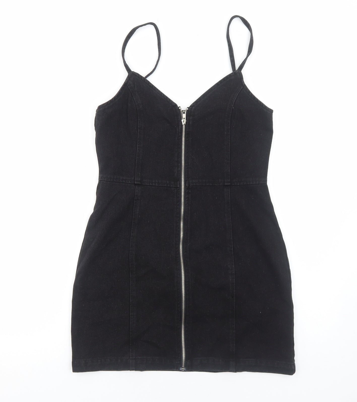 Boohoo Womens Black Cotton Mini Size 10 V-Neck Zip