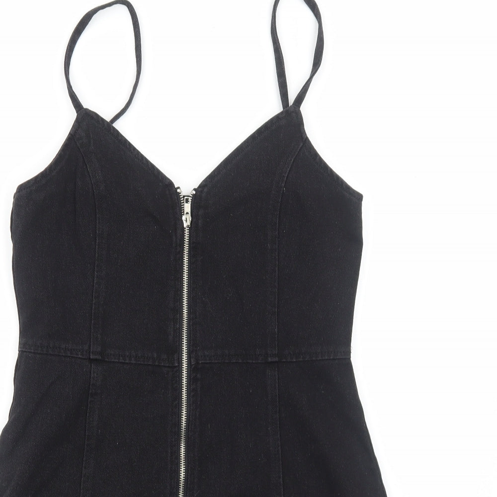 Boohoo Womens Black Cotton Mini Size 10 V-Neck Zip