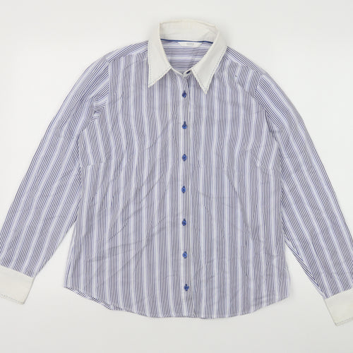 Marks and Spencer Womens Blue Striped Cotton Basic Button-Up Size 12 Collared
