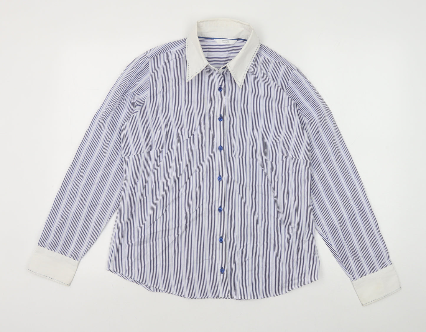 Marks and Spencer Womens Blue Striped Cotton Basic Button-Up Size 12 Collared