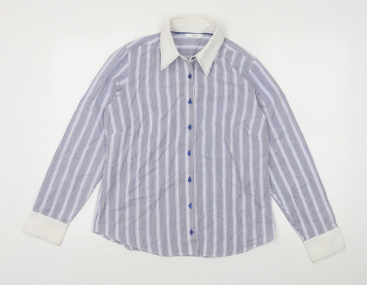 Marks and Spencer Womens Blue Striped Cotton Basic Button-Up Size 12 Collared