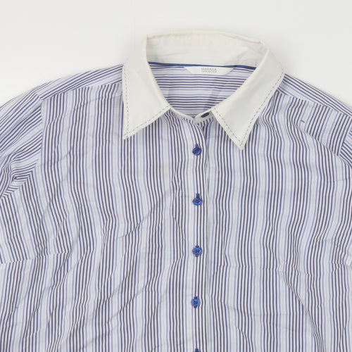 Marks and Spencer Womens Blue Striped Cotton Basic Button-Up Size 12 Collared
