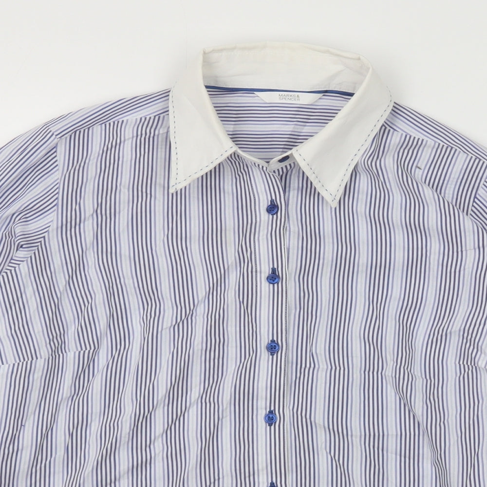 Marks and Spencer Womens Blue Striped Cotton Basic Button-Up Size 12 Collared