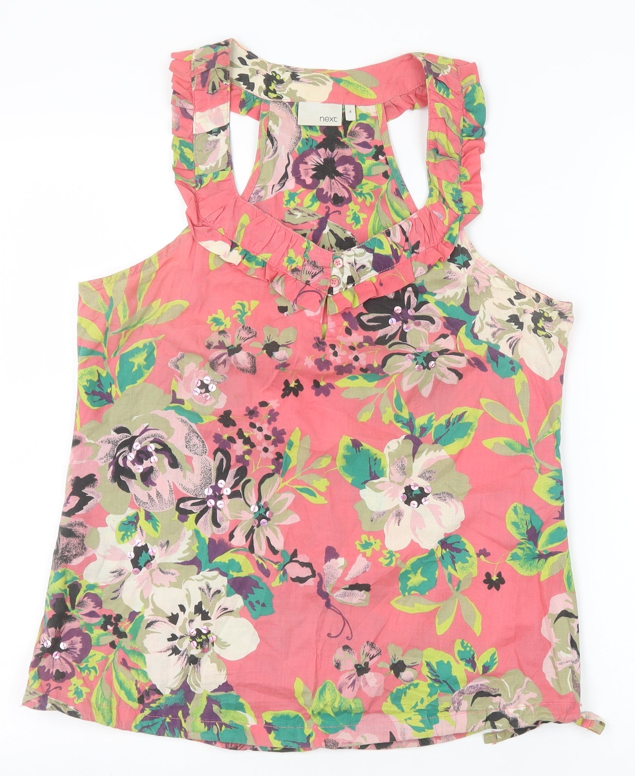 NEXT Womens Pink Floral 100% Cotton Basic Tank Size 8 Scoop Neck