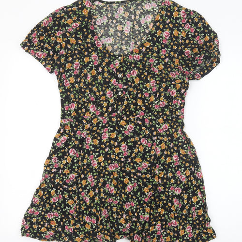 River Island Womens Black Floral Viscose A-Line Size 12 Scoop Neck Button