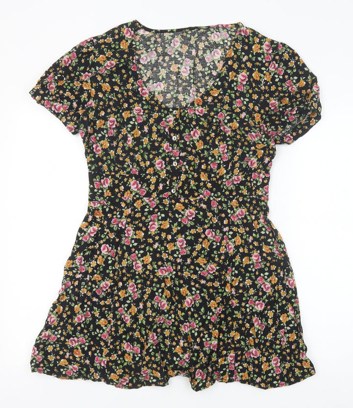 River Island Womens Black Floral Viscose A-Line Size 12 Scoop Neck Button