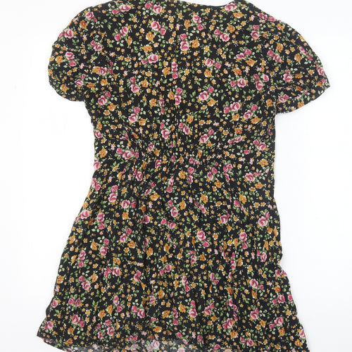 River Island Womens Black Floral Viscose A-Line Size 12 Scoop Neck Button
