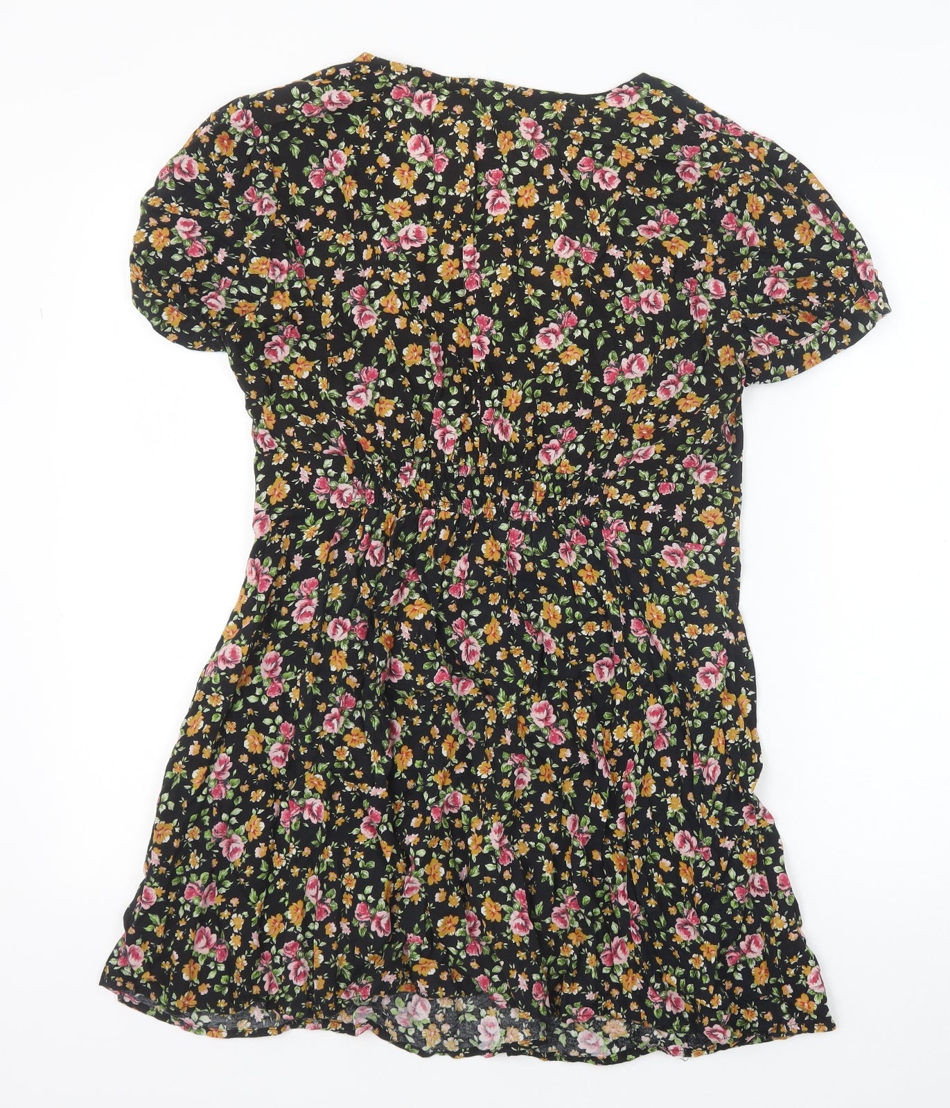 River Island Womens Black Floral Viscose A-Line Size 12 Scoop Neck Button