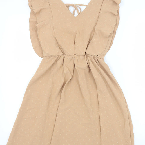 Koolook Womens Beige Geometric Polyester Fit & Flare Size S V-Neck Tie