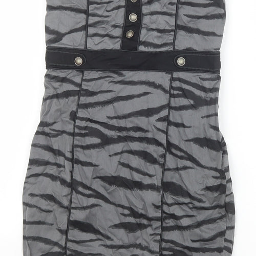 H&M Womens Grey Animal Print Cotton Bodycon Size 8 Off the Shoulder Zip - Tiger Pattern