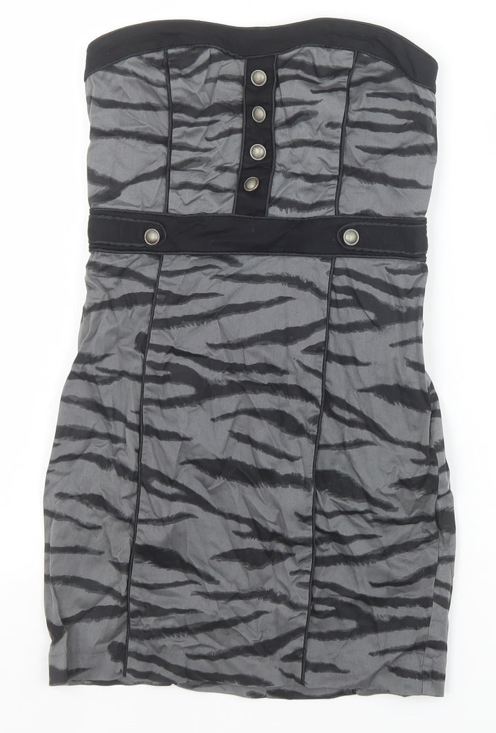 H&M Womens Grey Animal Print Cotton Bodycon Size 8 Off the Shoulder Zip - Tiger Pattern