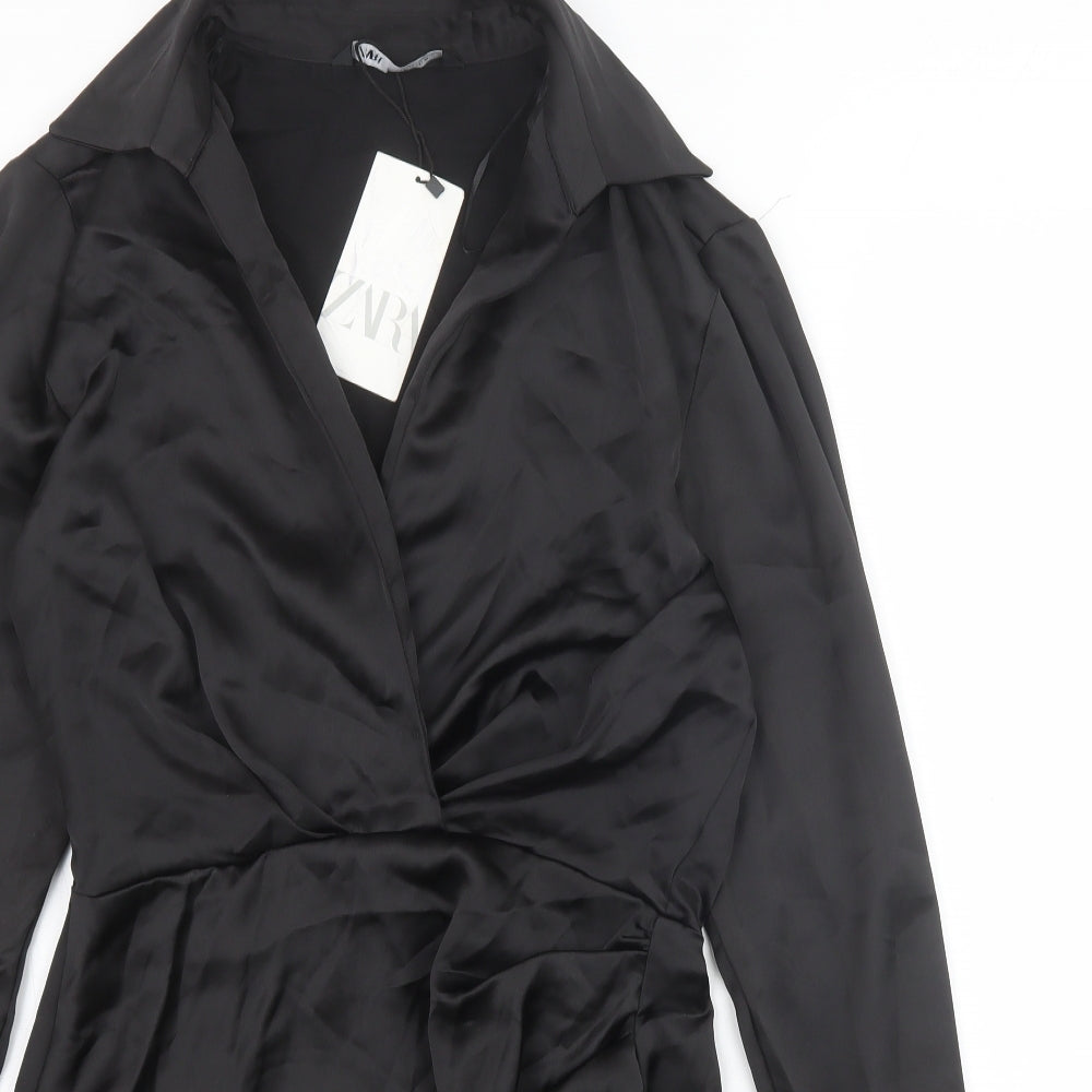 Zara Womens Black Polyester A-Line Size M Collared Zip