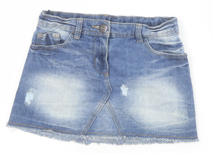 NEXT Girls Blue Cotton Mini Skirt Size 9 Years Regular Zip - Distressed