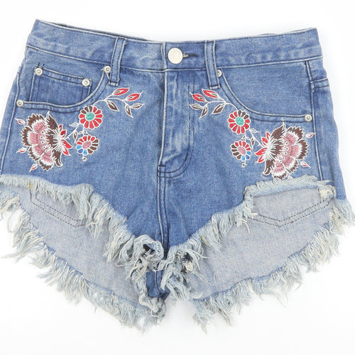 Glamorous Womens Blue Floral Cotton Cut-Off Shorts Size S Regular Zip
