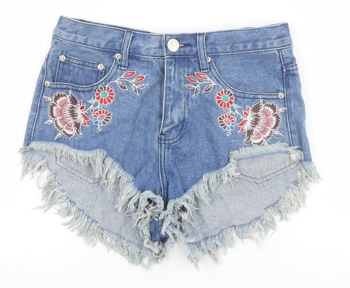 Glamorous Womens Blue Floral Cotton Cut-Off Shorts Size S Regular Zip