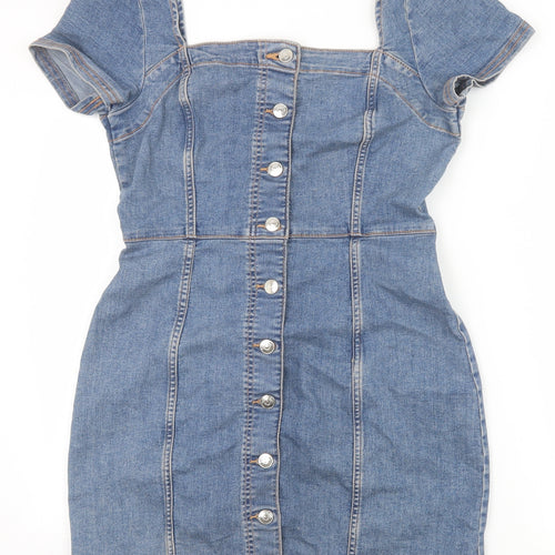 H&M Womens Blue Cotton Bodycon Size 14 Square Neck Button
