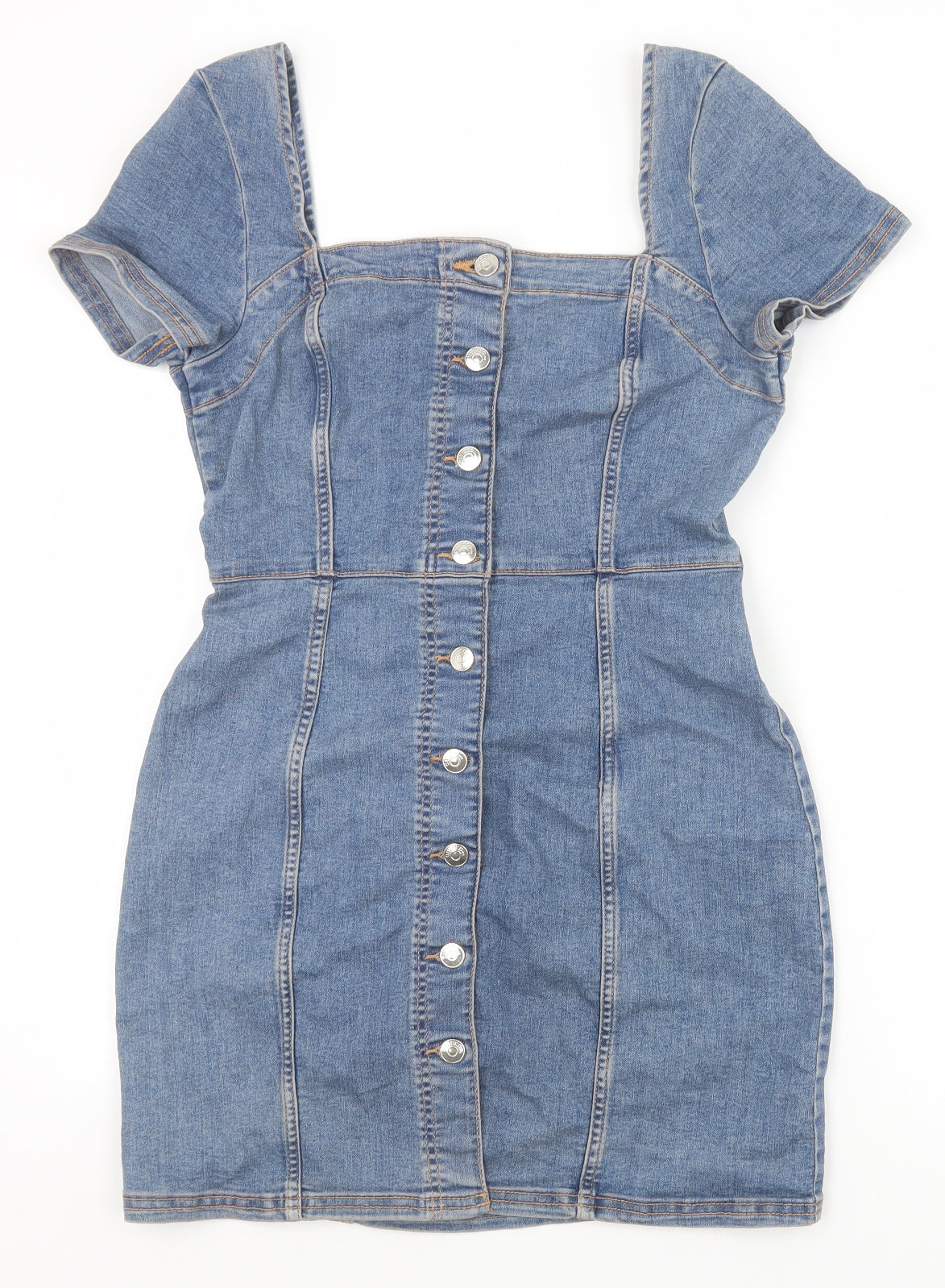 H&M Womens Blue Cotton Bodycon Size 14 Square Neck Button