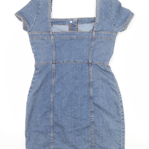 H&M Womens Blue Cotton Bodycon Size 14 Square Neck Button