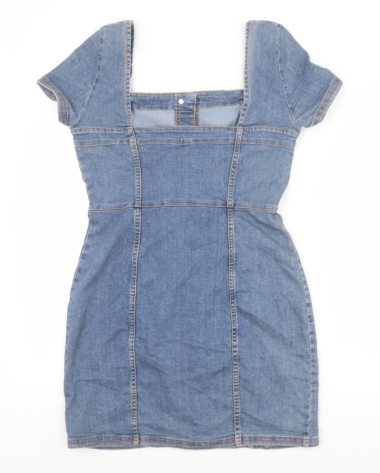 H&M Womens Blue Cotton Bodycon Size 14 Square Neck Button